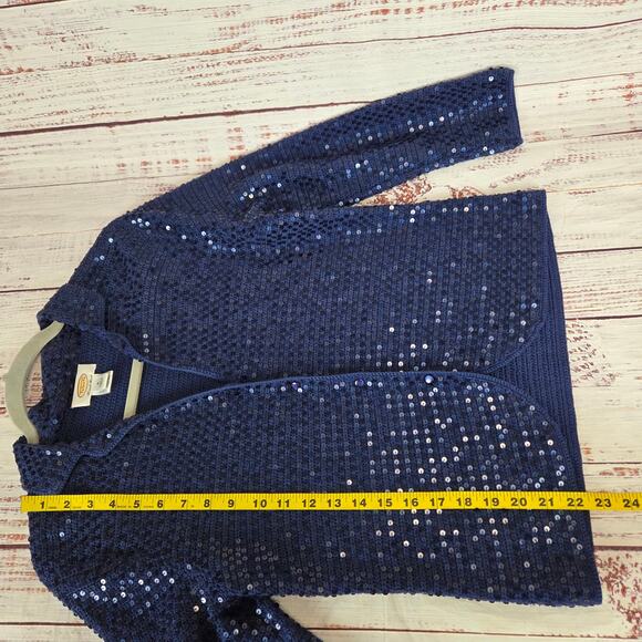 Talbots Hand Knit Sequin Cardigan S Navy Blue Silk Cotton Button Sparkle Sweater - Picture 9 of 12